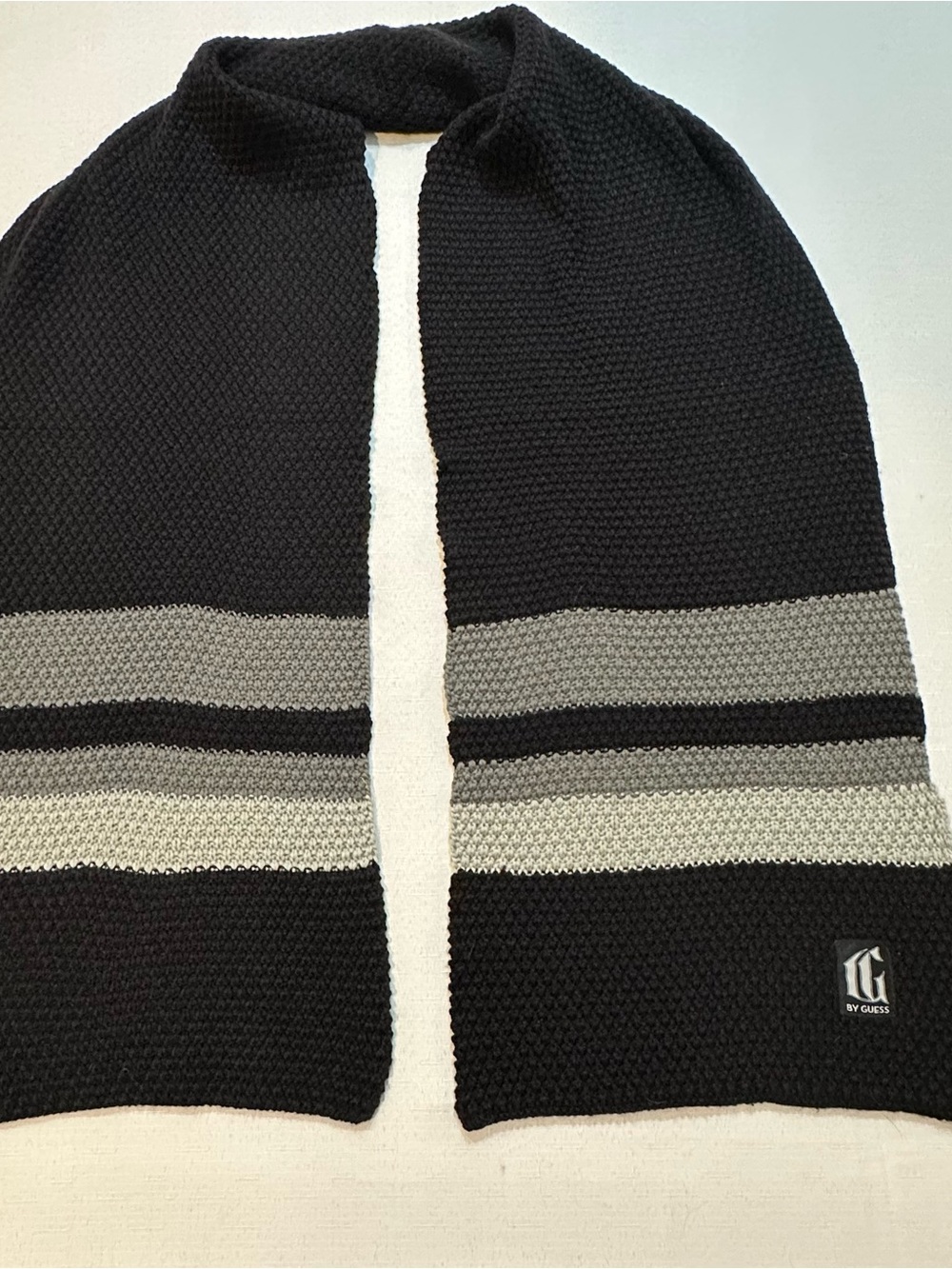 GUESS Black Knit Striped Winter Scarf 77” Long